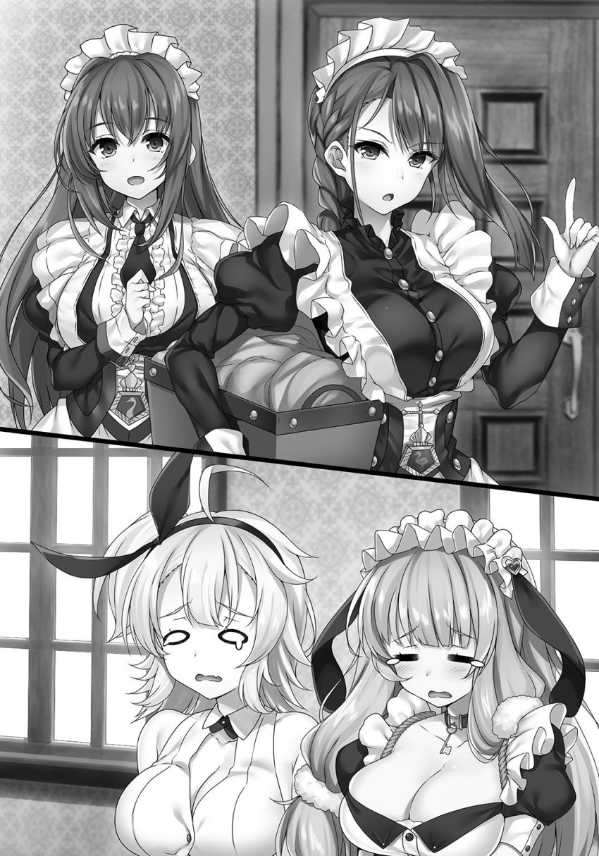 4girls azur_lane blush braid breasts cleavage closed_eyes crying curacoa_(azur_lane) curlew_(azur_lane) facing_another greyscale highres index_finger_raised indoors kent_(azur_lane) large_breasts long_hair long_sleeves looking_at_another monochrome multiple_girls necktie novel_illustration official_art open_mouth raiou smile suffolk_(azur_lane) suffolk_(retrofit)_(azur_lane)