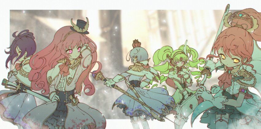 5girls adjusting_hair aiguillette arm_up ascot bad_id bad_twitter_id blunt_bangs capelet center_frills closed_mouth commentary_request epaulettes falulu falulu_(awakened) forehead_jewel frills gloves glowing glowing_eyes green_hair grey_hair hair_between_eyes hand_on_own_hip headphones highres hojo_sophy holding holding_scepter holding_suitcase holding_sword holding_weapon idol_clothes layered_skirt long_hair long_sleeves looking_at_another looking_at_viewer looking_to_the_side multiple_girls parted_bangs pink_eyes ponytail pretty_series pripara purple_hair red_hair ruru_ashihara scepter shikyoin_hibiki shiratama_mikan short_hair side_ponytail sidelocks skirt standing suitcase sword toudou_shion twintails weapon white_capelet white_gloves yellow_eyes