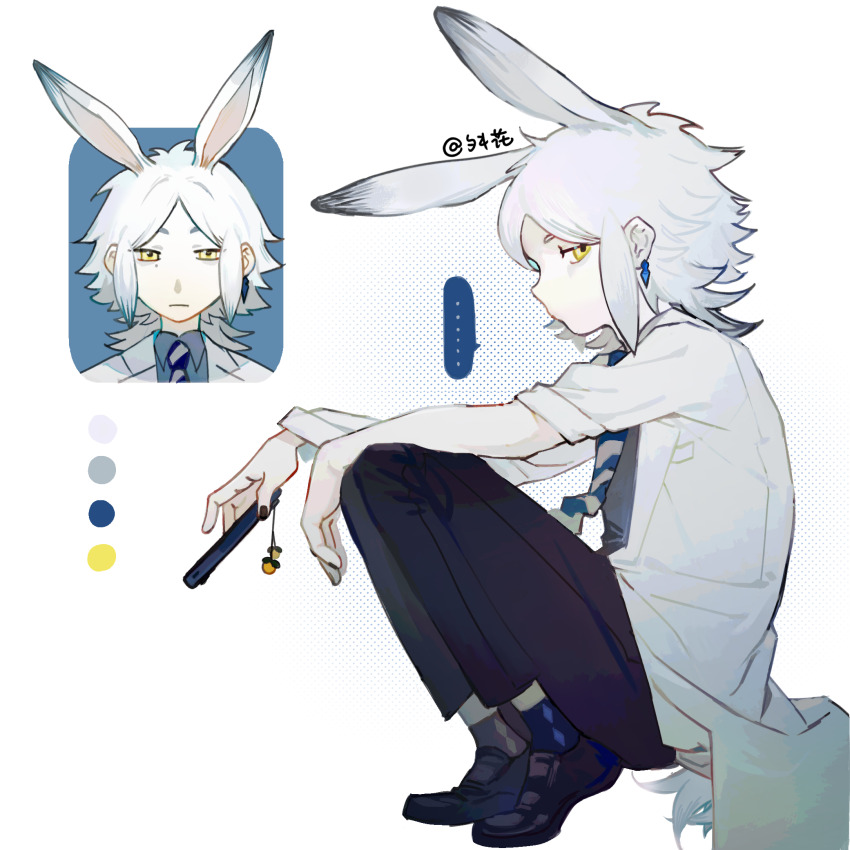 ... 1boy animal_ears black_nails black_pants black_shoes blue_necktie blue_socks cellphone charm_(object) chinese_commentary chuanhua closed_mouth collared_shirt color_guide commentary_request diagonal-striped_clothes diagonal-striped_necktie earrings extra_ears grey_shirt highres holding holding_phone jewelry lab_coat loafers male_focus medium_hair mole mole_under_eye multiple_views necktie open_clothes original pants phone rabbit_ears shirt shoes single_earring sitting sleeves_rolled_up smartphone socks speech_bubble spoken_ellipsis striped_clothes yellow_eyes