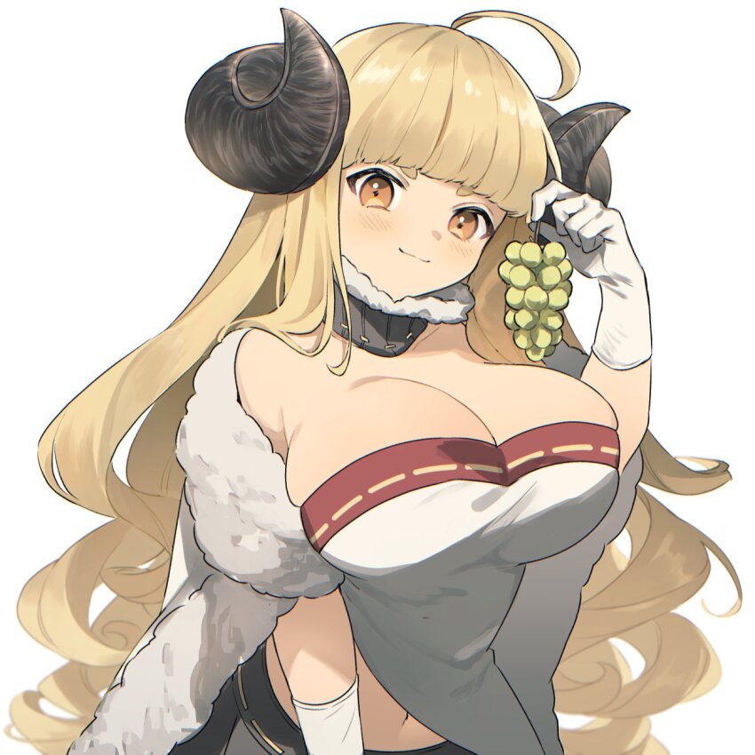 1girl ahoge anila_(granblue_fantasy) black_horns blonde_hair breasts cleavage closed_mouth commentary draph dress food fruit gloves granblue_fantasy grapes highres holding holding_food holding_fruit horns large_breasts long_hair navel simple_background solo umeda_shiso white_background white_dress white_gloves yellow_eyes