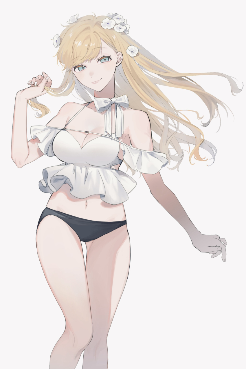 1girl absurdres bikini black_bikini blonde_hair blue_eyes bow breasts closed_mouth feet_out_of_frame flower frilled_bikini frills genderswap genderswap_(mtf) gluteal_fold hair_flower hair_ornament halterneck hand_up highres holding holding_own_hair inukai_sumiharu kuzumiya_yuyu long_hair medium_breasts navel off-shoulder_bikini off_shoulder simple_background smile swept_bangs swimsuit white_background white_bow white_flower world_trigger
