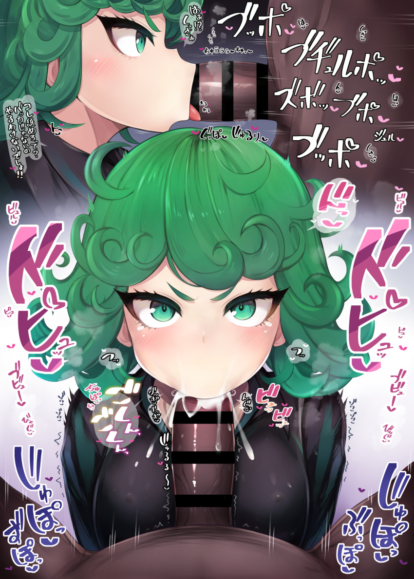 1boy 1girl :&gt;= bar_censor black_robe blush breath censored covered_erect_nipples cum cum_in_mouth cum_overflow curly_hair dark-skinned_male dark_skin ejaculation fellatio gokkun green_eyes green_hair hetero hiiro_h japanese_text large_penis looking_at_viewer motion_lines one-punch_man oral penis pov pov_crotch robe short_hair smell solo_focus sound_effects speech_bubble tatsumaki tongue tongue_out translated trembling veins veiny_penis