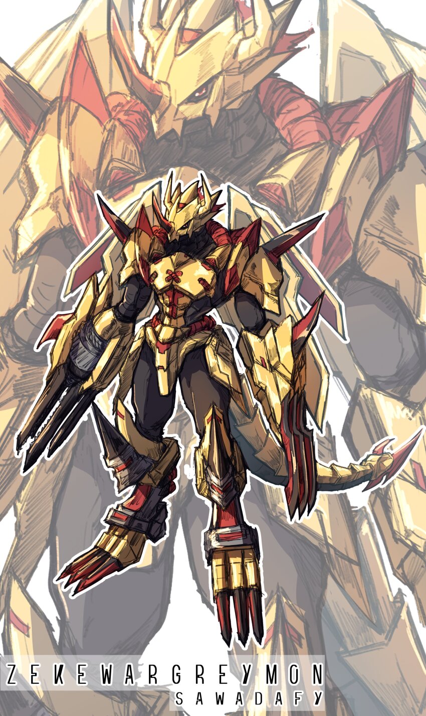 1boy absurdres armor digimon digimon_(creature) highres male_focus oridigi original sawadafy solo tail zekegreymon