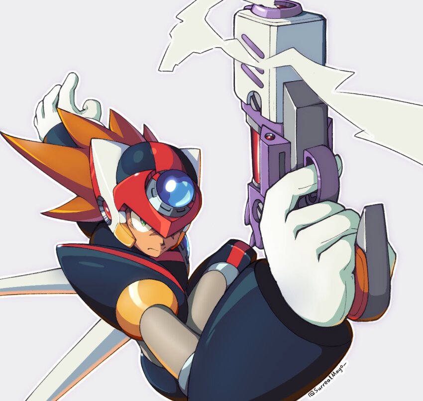 1boy armor axl_(mega_man) black_armor brown_hair chest_jewel cross_scar energy_gun finger_on_trigger forehead_jewel green_eyes gun helmet holding holding_gun holding_weapon long_hair male_focus mega_man_(series) mega_man_x7 mega_man_x_(series) red_helmet scar scar_on_face smoke smoking_barrel solo spiked_hair surrealmason weapon