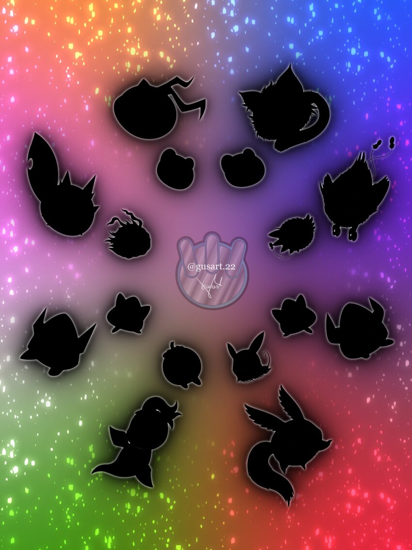 botamon budmon chapmon chibickmon digimon digimon_(creature) digimon_savers floating highres koromon kyaromon leaf long_ears pafumon pickmon pickmon_(normal) pickmon_(sunglasses) pinamon pipimon punimon puwamon silhouette solo spikes tail wanyamon wings yuramon