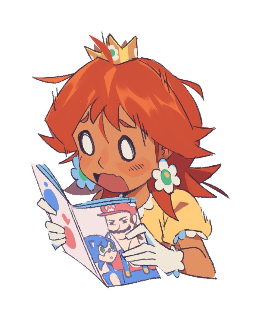 1girl brown_hair crown dark-skinned_female dark_skin earrings flower_earrings gloves highres holding holding_magazine jewelry magazine_(object) mario mario_(series) medium_hair mini_crown nintendo o_o open_magazine parted_bangs pornography princess_daisy simple_background solo sonic_(series) sonic_the_hedgehog supsross surprised wavy_mouth white_gloves wide-eyed yaoi_(object)
