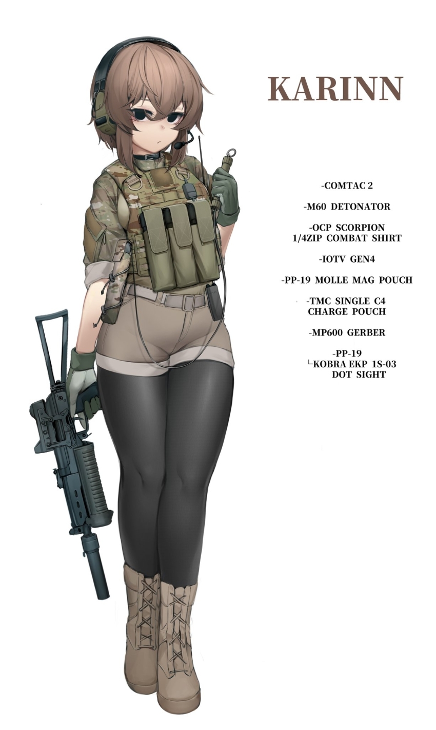 belt black_eyeliner black_leggings boots bow brown_bow brown_gloves brown_hair brown_shirt brown_shorts bulletproof_vest camouflage camouflage_shirt detonator eyelashes eyeliner gloves gun hair_between_eyes highres holding holding_gun holding_weapon karinn_(ka941) leggings makeup mascara military_uniform nine_(kanine41) original pp-19_bizon radio reflex_sight shirt short_hair shorts sidelocks simple_background sleeves_rolled_up submachine_gun suppressor weapon white_background