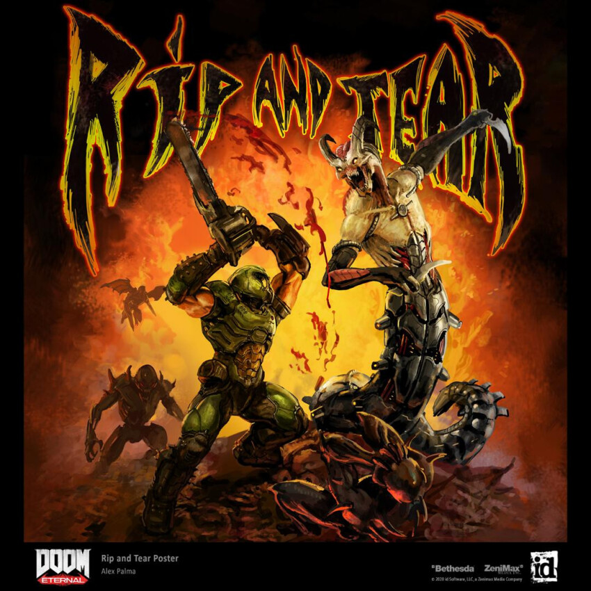 1boy 2020 album_cover alex_palma arm_blade armor arms_up artist_name assault_visor biceps black_border blood border chainsaw commentary company_logo company_name copyright_name copyright_notice cover cyborg demon demon_horns doom_(series) doom_eternal doomguy english_commentary fighting gargoyle_(doom_eternal) gauntlets green_armor hands_on_own_face helmet holding holding_chainsaw holding_knife horns id_software imp_(doom) knife lamia logo male_focus monster_girl official_art open_mouth pile_of_corpses praetor_suit rip_and_tear_(phrase) sharp_teeth teeth weapon whiplash_(doom_eternal) yellow_eyes