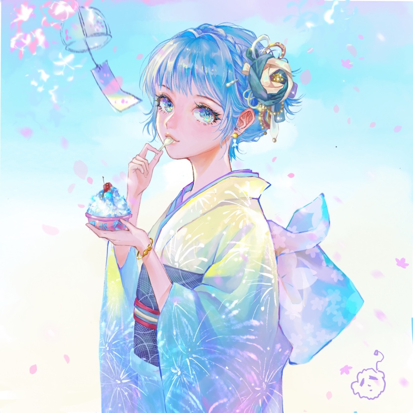 1girl blue_eyes blue_hair bracelet braid changmao crown_braid earrings eating floral_print flower food hair_flower hair_ornament highres holding holding_spoon japanese_clothes jewelry kimono looking_at_viewer obi original petals sash shaved_ice short_hair solo spoon upper_body wide_sleeves wind_chime