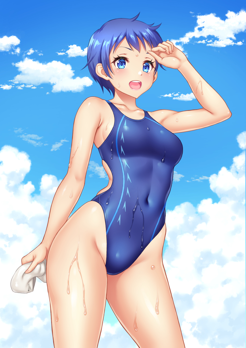 1girl blue_eyes blue_hair blue_one-piece_swimsuit blue_sky cloud commission competition_swimsuit contrapposto covered_navel day groin highleg highleg_one-piece_swimsuit highres kuri_(kurigohan) one-piece_swimsuit open_mouth original outdoors pixiv_commission round_teeth short_hair sky smile solo standing swimsuit teeth unworn_swim_cap upper_teeth_only wet wet_clothes wet_swimsuit