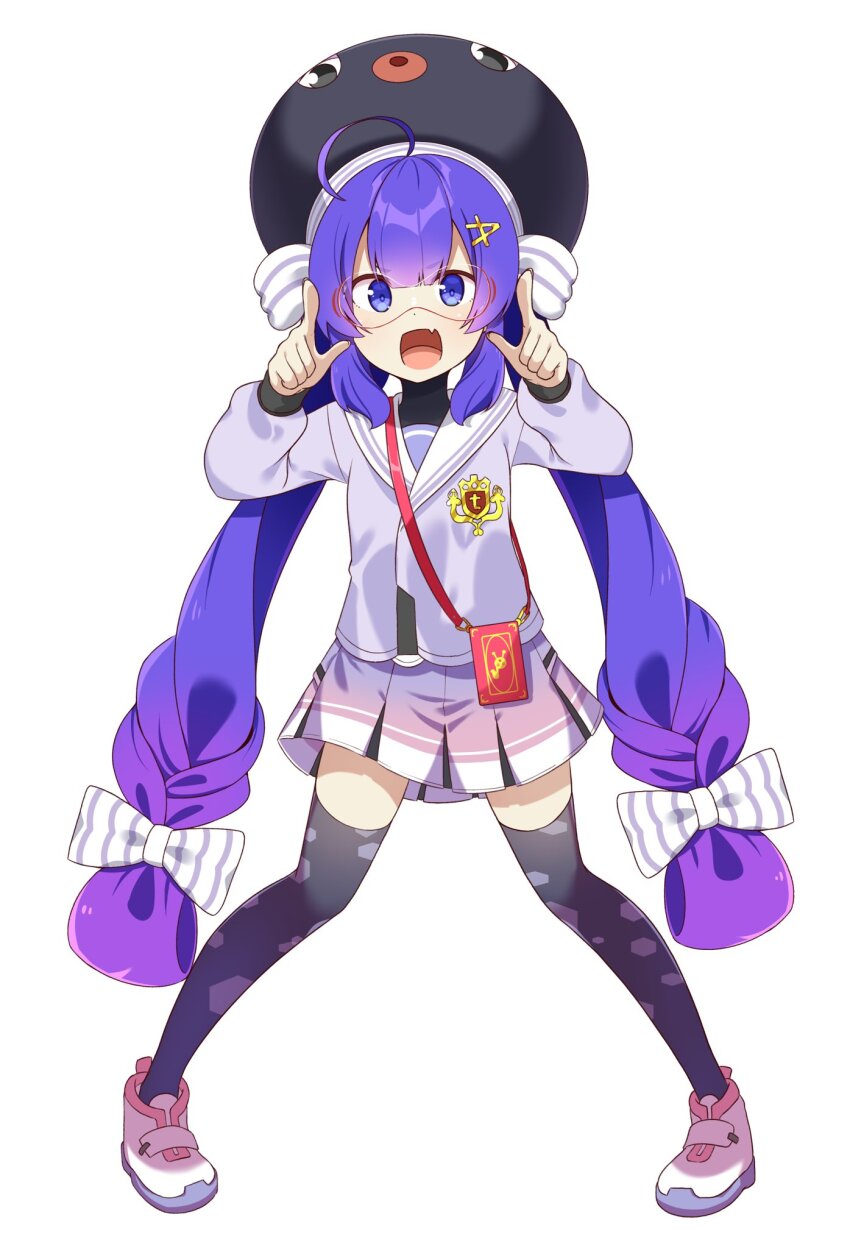 1girl :d ahoge animal_hat black_hat black_thighhighs black_undershirt blue_eyes blue_hair blunt_bangs bow braid cellphone_strap chaakusu commentary_request eel_hat fang full_body goggles gradient_clothes gradient_hair gradient_skirt hair_between_eyes hair_bow hair_ornament hairclip hat hat_ribbon highres honeycomb_(pattern) honeycomb_print jacket large_hat long_hair long_sleeves looking_at_viewer low-braided_long_hair low-tied_long_hair low_twintails mortarboard multicolored_hair multicolored_shoes multicolored_skirt open_mouth otomachi_una otomachi_una_(voicepeak) pigeon-toed pink_skirt pleated_skirt pointing pointing_at_viewer print_thighhighs puffy_long_sleeves puffy_sleeves purple_jacket purple_skirt red-framed_eyewear ribbon sailor_collar sailor_jacket shirt shoes shoulder_strap simple_background skirt smartphone_case smile solo standing striped_bow striped_ribbon thighhighs turtleneck turtleneck_shirt twintails variant_set vertical-striped_bow very_long_hair voicepeak white_background white_bow white_ribbon white_sailor_collar white_shoes zettai_ryouiki