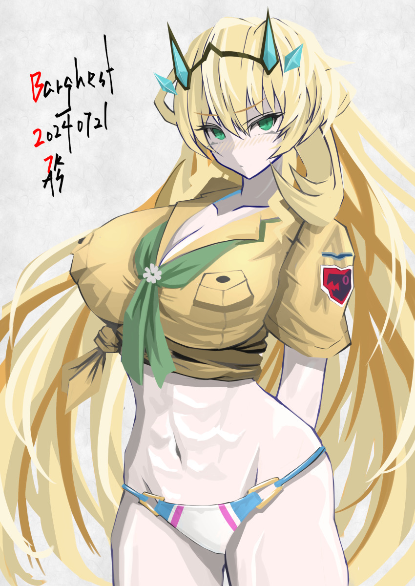 1girl abs absurdres arms_behind_back barghest_(fate) barghest_(swimsuit_archer)_(fate) barghest_(swimsuit_archer)_(final_ascension)_(fate) barghest_(swimsuit_archer)_(first_ascension)_(fate) bikini blonde_hair breasts cleavage fate/grand_order fate_(series) green_eyes highres large_breasts long_hair looking_at_viewer muscular muscular_female navel neckerchief shirt short_sleeves sidelocks solo swimsuit thick_thighs thighs tied_shirt tsukaasa white_bikini yellow_shirt