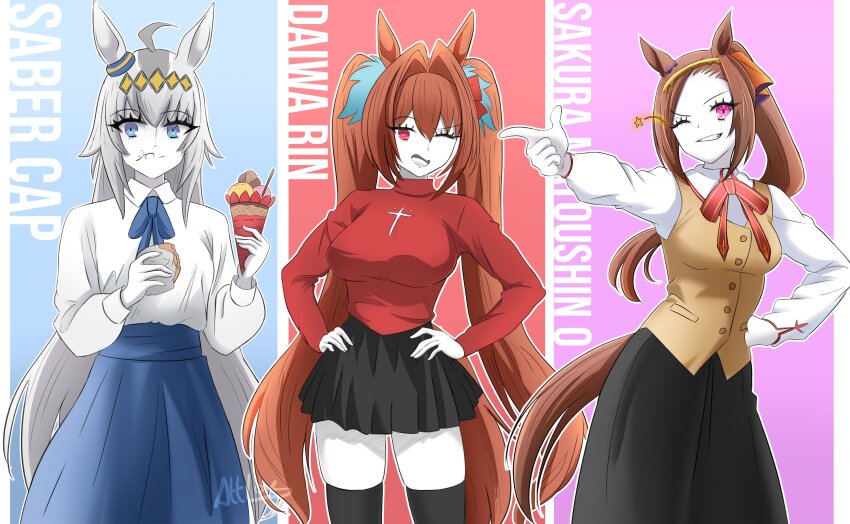 3girls absurdres ahoge alterworshiper animal_ears artoria_pendragon_(fate) black_hair black_thighhighs blue_eyes breasts brown_hair cosplay daiwa_scarlet_(umamusume) dress fate/stay_night fate_(series) food grey_hair hair_intakes hair_ribbon hairband hands_on_own_hips highres horse_ears horse_girl horse_tail large_breasts long_hair long_sleeves matou_sakura matou_sakura_(cosplay) multiple_girls oguri_cap_(umamusume) outstretched_arm parfait pointing ponytail red_eyes ribbon saber_(fate) saber_(fate)_(cosplay) sakura_bakushin_o_(umamusume) skirt strawberry_parfait tail thighhighs tiara tohsaka_rin tohsaka_rin_(cosplay) twintails umamusume umamusume:_cinderella_gray wafer_stick