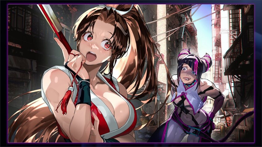 2girls artist_request bad_tag breasts city crossover fatal_fury han_juri large_breasts long_hair multiple_girls official_art ponytail shiranui_mai street_fighter street_fighter_6
