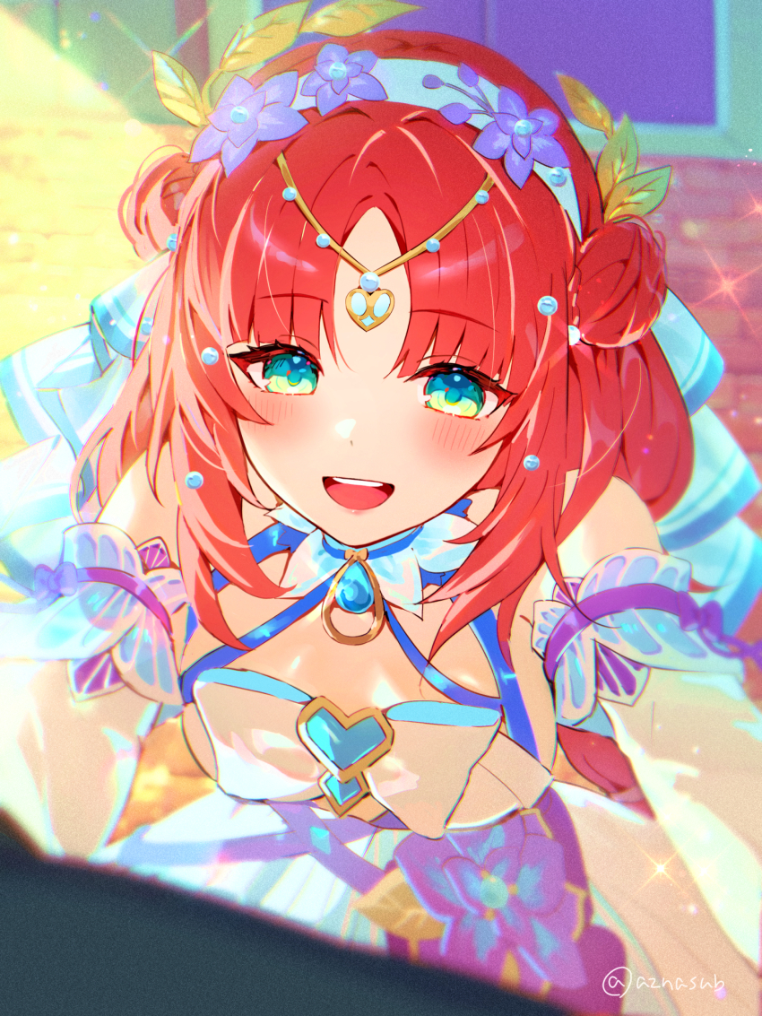 1girl :d aqua_eyes azna bare_shoulders blush breasts circlet day detached_collar double_bun dress flower genshin_impact hair_bun hair_flower hair_ornament highres long_hair long_sleeves looking_at_viewer medium_breasts nilou_(breeze_of_sabaa)_(genshin_impact) nilou_(genshin_impact) official_alternate_costume open_mouth outdoors parted_bangs purple_flower purple_ribbon red_hair ribbon smile solo sparkle sunlight teeth twitter_username upper_teeth_only very_long_hair white_dress white_sleeves