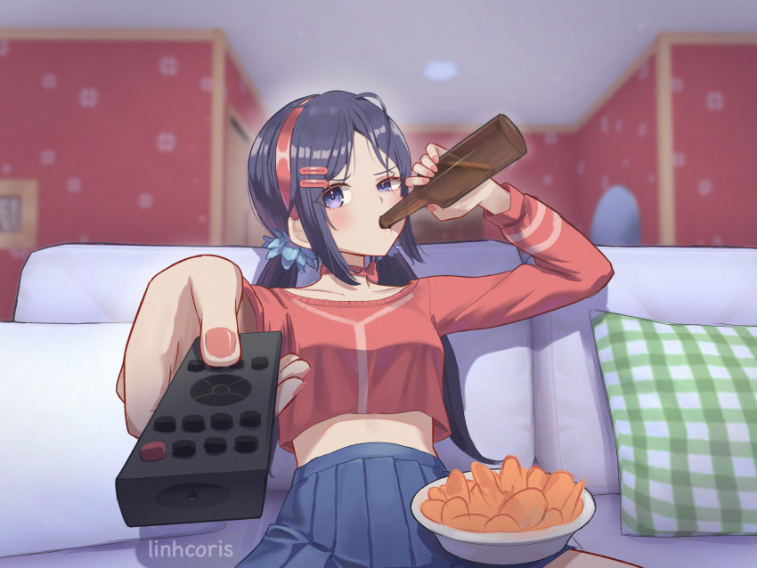 1girl absurdres blue_skirt blurry blurry_background bottle bowl chips_(food) controller couch crazy_mita_(miside) drinking fingernails food foreshortening glass_bottle hair_ornament hairband hairclip highres holding holding_bottle holding_remote_control indoors linhcoris long_hair long_sleeves man_watching_tv_(meme) meme miniskirt miside mita_(miside) on_couch pleated_skirt potato_chips purple_eyes red_hairband red_shirt remote_control shirt skirt solo twintails