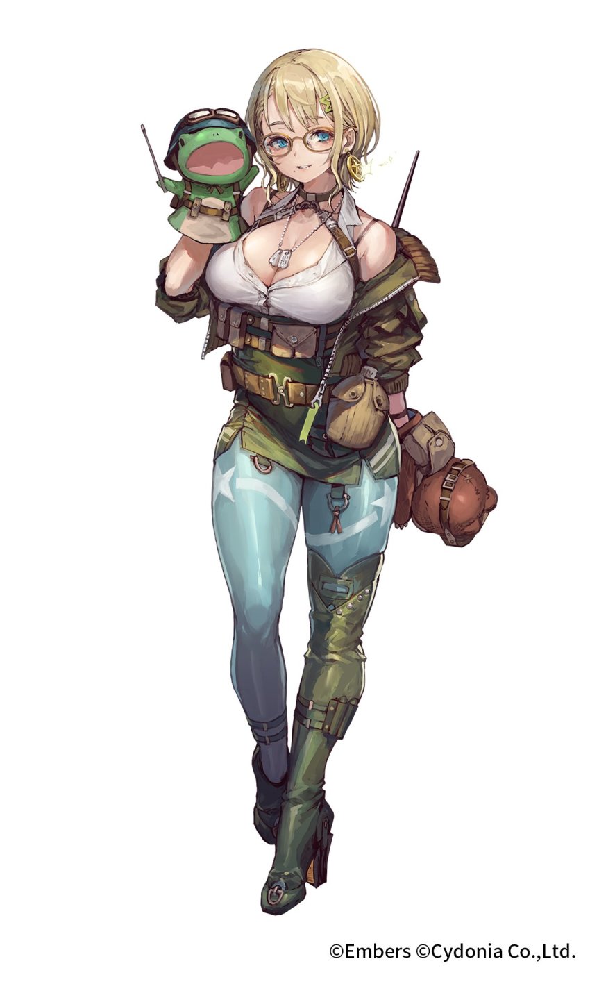 1girl aqua_pantyhose ash_arms asymmetrical_footwear belt black_boots blonde_hair blue_eyes boots breasts brown-framed_eyewear brown_belt canteen cleavage closed_mouth commentary_request dog_tags earrings glasses green_boots green_jacket green_skirt hair_ornament hairclip hand_puppet high-waist_skirt high_heel_boots high_heels highres jacket jewelry large_breasts long_sleeves looking_at_viewer m3_lee_(ash_arms) miniskirt mole mole_under_mouth off_shoulder official_art open_clothes open_jacket pantyhose pencil_skirt pouch print_pantyhose puppet riding_crop shirt short_hair simple_background skirt smile solo sparkle standing standing_on_one_leg stuffed_animal stuffed_frog stuffed_toy suzuno_(bookshelf) teddy_bear uneven_footwear utility_belt watermark white_background white_shirt