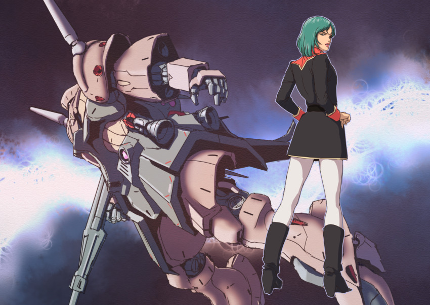 1girl boots gabthley green_hair gundam mecha military military_uniform mouar_pharaoh robot space teikoku_jokyoku zeta_gundam zeta_gundam_define