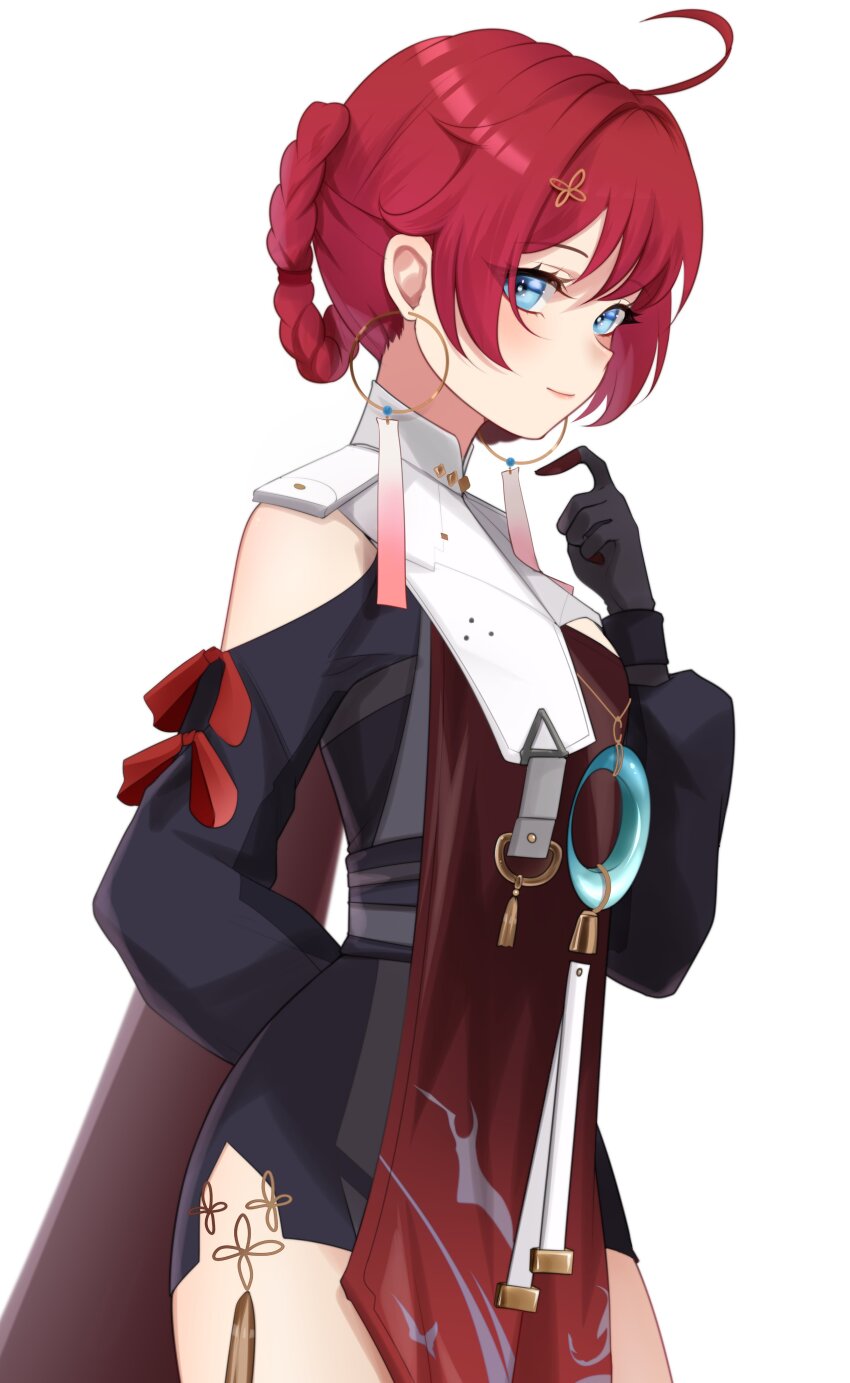 1girl absurdres ahoge arm_behind_back black_bodysuit black_gloves blue_eyes bodysuit closed_mouth clothing_cutout commentary cowboy_shot danjin_(wuthering_waves) earrings folded_braid gloves hair_ornament hand_up highres hoop_earrings jewelry light_blush looking_at_viewer pr_ponnyan red_hair red_tabard shoulder_cutout simple_background smile solo tabard white_background wuthering_waves