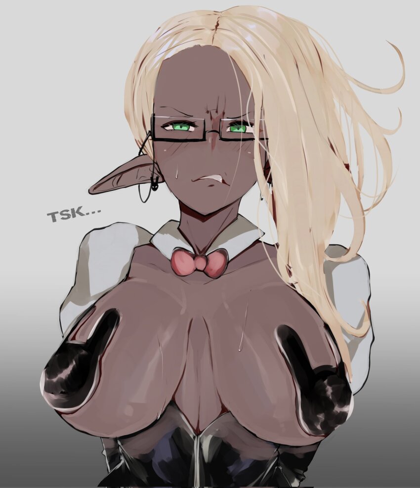 1girl asymmetrical_hair black-framed_eyewear blonde_hair blush bow bowtie breasts breasts_apart clenched_teeth commentary covered_erect_nipples dark-skinned_female dark_skin detached_collar elf embarrassed english_commentary eyewear_strap glasses gradient_background green_eyes grey_background highres large_breasts long_hair looking_at_viewer meme_attire original pasties pointy_ears rabbit_pasties red_bow red_bowtie reverse_bunnysuit reverse_outfit semi-rimless_eyewear solo sweat teeth under-rim_eyewear upper_body v-shaped_eyebrows weeze