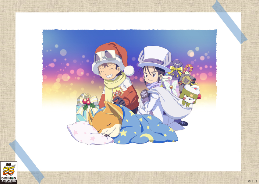 2boys agnimon blanket blitzmon blue_eyes blurry bokeh brown_hair candy candy_cane chackmon character_print closed_eyes copyright_name depth_of_field digimon digimon_(creature) digimon_frontier fairimon fake_antlers food gift gift_bag goggles goggles_on_headwear gradient_background grin hat highres holding holding_sack holly jacket kanbara_takuya logo louwemon male_focus minamoto_kouji mittens moon_print multiple_boys official_art patamon pillow pink_pillow purple_hair purple_mittens purple_scarf ribbon sack santa_hat scarf short_hair sidelocks sleeping smile snowflake_print star_(symbol) star_print sweater top_hat white_hat white_jacket yellow_scarf
