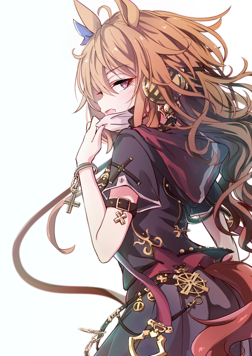 1girl animal_ears brown_hair clothing_cutout fang from_behind grey_skirt hair_between_eyes highres horse_ears horse_girl horse_tail long_hair looking_at_viewer looking_back mask messy_hair mouth_mask neko_senshi orfevre_(old_design)_(umamusume) purple_eyes short_sleeves simple_background skin_fang skirt solo tail tail_through_clothes umamusume white_background