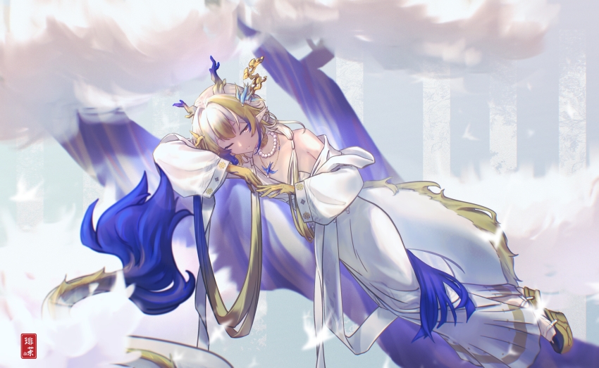 1girl absurdres ambience_synesthesia arknights blonde_hair blue_hair chinese_commentary closed_mouth colored_extremities commentary_request commission dragon_girl dragon_horns dragon_tail dress grey_eyes hair_ornament highres horns jewelry long_dress long_hair long_sleeves looking_at_viewer lying mihuashi_commission multicolored_hair necklace official_alternate_costume on_side one_eye_closed own_hands_together pearl_necklace pointy_ears shu_(arknights) shu_(bingwenyuyou)_(arknights) solo tail very_long_hair white_dress white_hair wide_sleeves withmeblazar