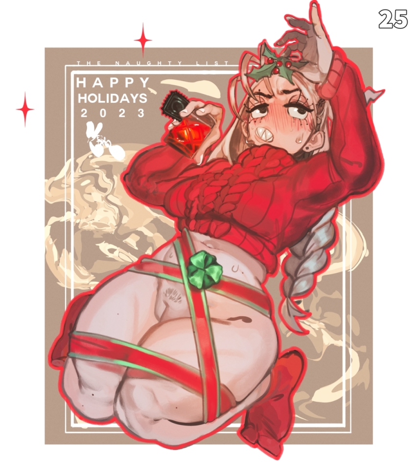 1girl 2023 alcohol ankle_socks arm_up averting_eyes between_fingers black_eyes blonde_hair bottomless bound bound_legs breasts christmas cleft_of_venus clenched_teeth condom condom_wrapper cup drink drinking_glass earrings full_body hand_up happy_holidays highres holding holding_condom holding_cup holding_drink holding_mistletoe jewelry keziedra long_eyelashes long_hair long_sleeves low-braided_long_hair low-tied_long_hair macaron_(keziedra) mistletoe mole mole_on_leg mole_on_stomach mole_on_thigh navel original outline paintbrush pinup_(style) pussy red_outline red_socks red_sweater ribbon ribbon_bondage rocks_glass sharp_teeth socks solo stud_earrings sweatdrop sweater teeth turtleneck turtleneck_sweater v-shaped_eyebrows