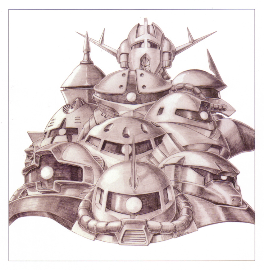 acguy border dom_(mobile_suit) gelgoog gogg gouf greyscale gundam gyan highres horns looking_at_viewer mecha mecha_focus mobile_suit mobile_suit_gundam monochrome no_humans one-eyed ookawara_kunio robot science_fiction simple_background single_horn z&#039;gok zaku_ii_s_char_custom zeong zock