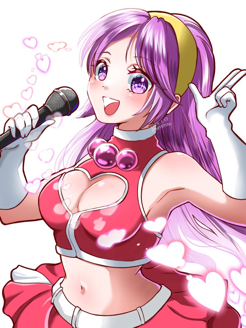 1girl absurdres arm_up armpits asamiya_athena belt breasts cleavage cleavage_cutout clothing_cutout gloves hairband heart heart_cutout highres jewelry large_breasts long_hair looking_at_viewer microphone midriff music navel open_mouth purple_eyes purple_hair salute singing skirt sleeveless smile snk solo the_king_of_fighters the_king_of_fighters_2003