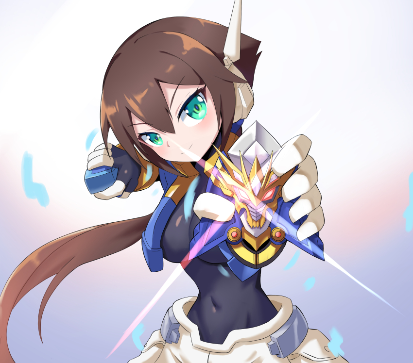 1girl aile_(mega_man_zx) biometal black_bodysuit bodysuit breasts brown_hair closed_mouth covered_navel cowboy_shot cropped_jacket floating_hair gekiryuken gloves green_eyes groin hair_between_eyes henshin_pose highres holding jacket large_breasts long_hair looking_at_viewer low_ponytail madan_senki_ryukendo mega_man_(series) mega_man_zx mega_man_zx_advent model_x_(mega_man) open_clothes open_jacket ponytail robot_ears short_sleeves shorts sidelocks skin_tight smile solo standing white_shorts zerokun135