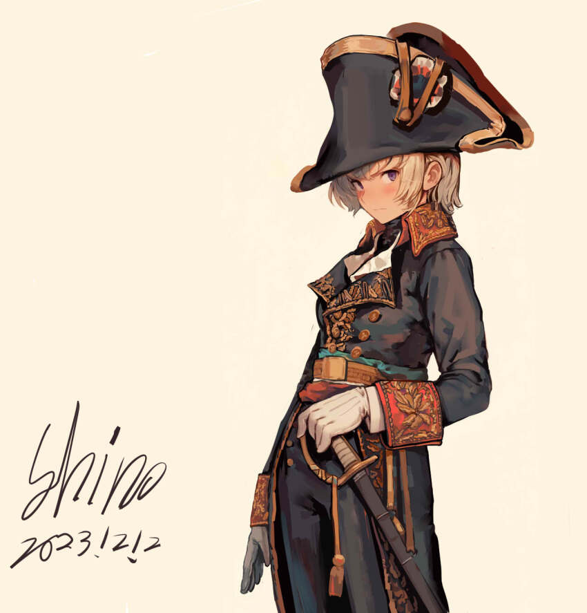 1girl belt belt_buckle bicorne buckle epaulettes france gloves hat highres military military_uniform napoleon_(belfy_and_lillibit) napoleon_(senjuushi) napoleon_bonaparte napoleon_bonaparte_(fate) original purple_eyes shino_(ling3ch) sword tailcoat translated weapon white_hair