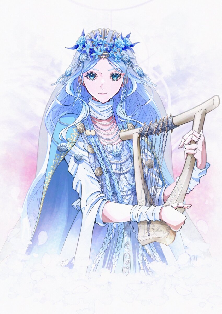 1girl blue_eyes civ154 doll_joints dress elden_ring elden_ring_nightreign facing_viewer flower hair_flower hair_ornament head_wreath highres holding holding_instrument holding_lyre instrument jewelry joints looking_at_viewer lyre revenant_(elden_ring) simple_background solo upper_body veil white_dress white_hair white_veil