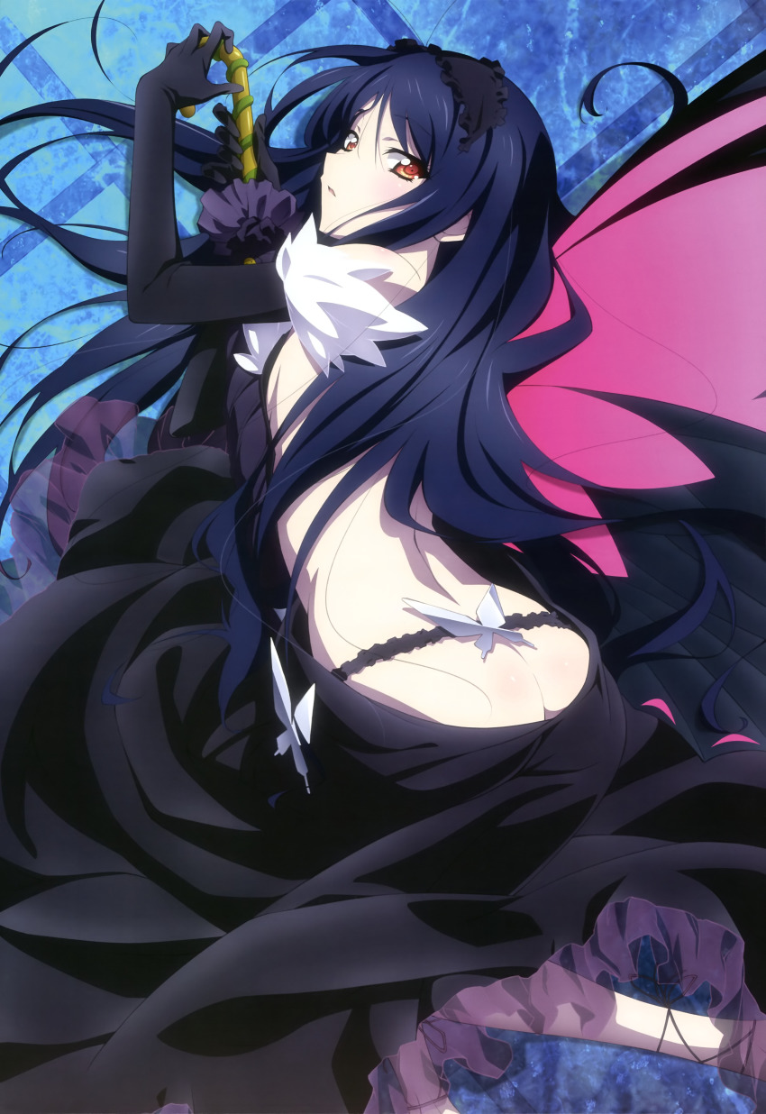 10s 1girl absurdres accel_world ass black_dress black_gloves black_hair blush brown_eyes butt_crack butterfly_wings cane dress elbow_gloves female_focus gloves hairband highres huge_filesize insect_wings kuroyukihime long_hair looking_at_viewer lying nyantype on_side parted_lips scan solo tabata_hisayuki wings
