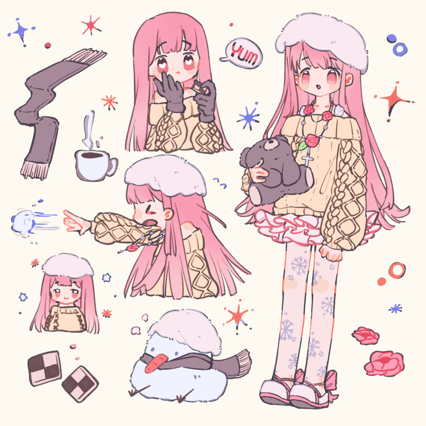 &gt;_&lt; 1girl artist_request bare_shoulders beret black_gloves black_scarf blush_stickers bow bra_strap checkerboard_cookie chewing chibi chinese_commentary clenched_hand closed_mouth coffee collarbone commentary_request cookie cropped_torso cross cross_necklace cup eating flower flower_necklace flying_sweatdrops food footwear_bow frilled_skirt frills fringe_trim full_body fur_hat gloves hand_on_own_cheek hand_on_own_face hat heart heart-shaped_pupils highres holding holding_food holding_stuffed_toy jewelry long_hair long_sleeves looking_ahead mary_janes miniskirt miracle_nikki mug multiple_views necklace nikki_(nikki) nikki_(series) off-shoulder_sweater off_shoulder outstretched_arm pantyhose parted_lips pink_bow pink_eyes pink_hair puffy_long_sleeves puffy_sleeves red_flower red_rose rose scarf second-party_source see-through_pantyhose shoes sidelocks simple_background skirt sleeves_past_wrists smile snowball snowflake_print snowman sparkle speech_bubble steam stuffed_animal stuffed_toy sweater symbol-shaped_pupils tareme teddy_bear throwing unworn_scarf very_long_hair wavy_hair white_hat white_pantyhose white_shoes white_skirt winter_miracle_(miracle_nikki) yellow_background yellow_sweater