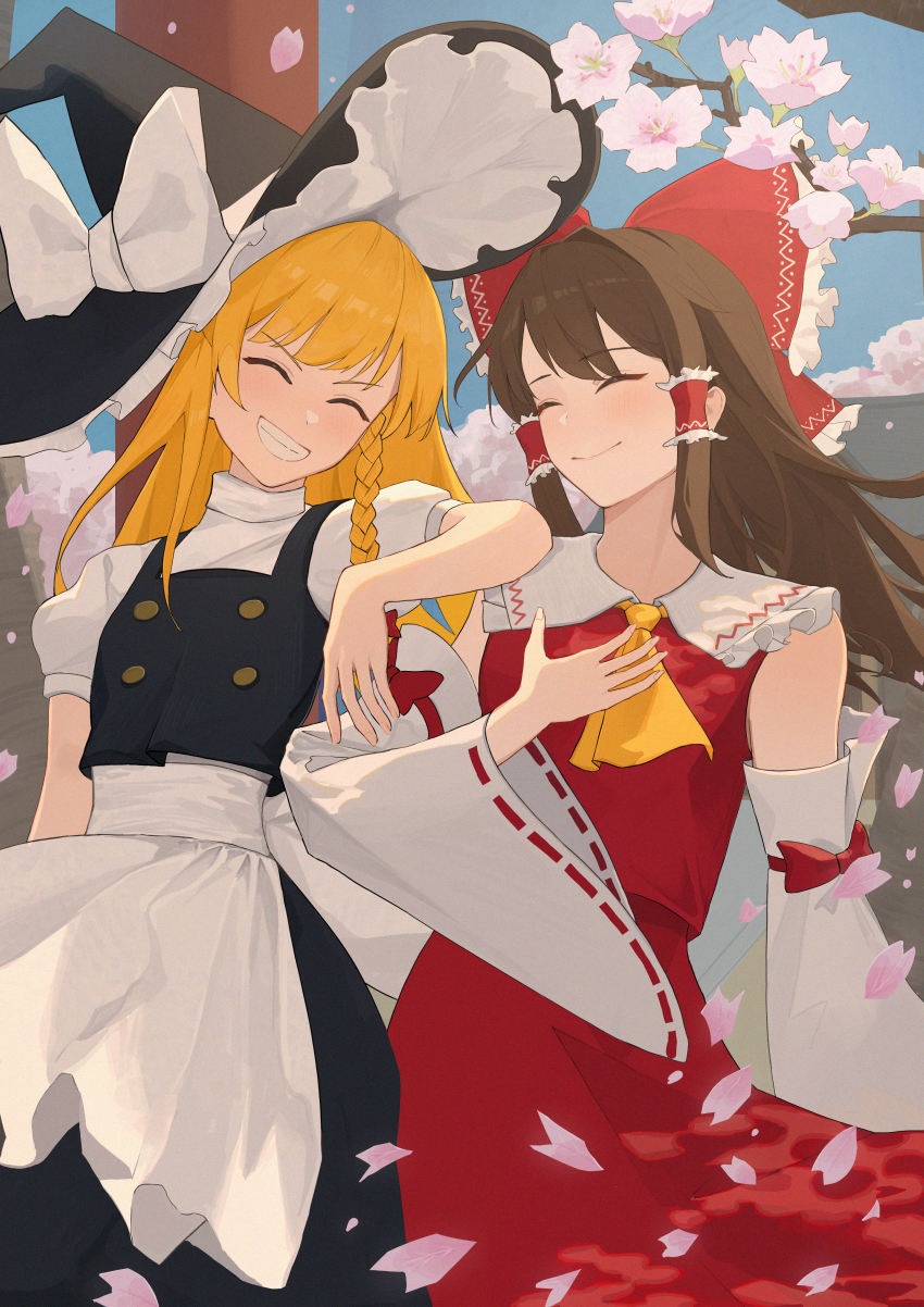 2girls absurdres apron ascot black_hat black_skirt black_vest blonde_hair bow braid brown_hair cherry_blossoms closed_eyes closed_mouth commentary detached_sleeves falling_petals flower frilled_bow frilled_hair_tubes frills grin hair_bow hair_tubes hakurei_reimu hat hat_bow highres kirisame_marisa long_hair multiple_girls outdoors palulap petals pink_flower pink_petals red_bow red_skirt ribbon-trimmed_sleeves ribbon_trim side_braid single_braid skirt skirt_set smile symbol-only_commentary touhou vest waist_apron white_apron white_bow witch_hat yellow_ascot