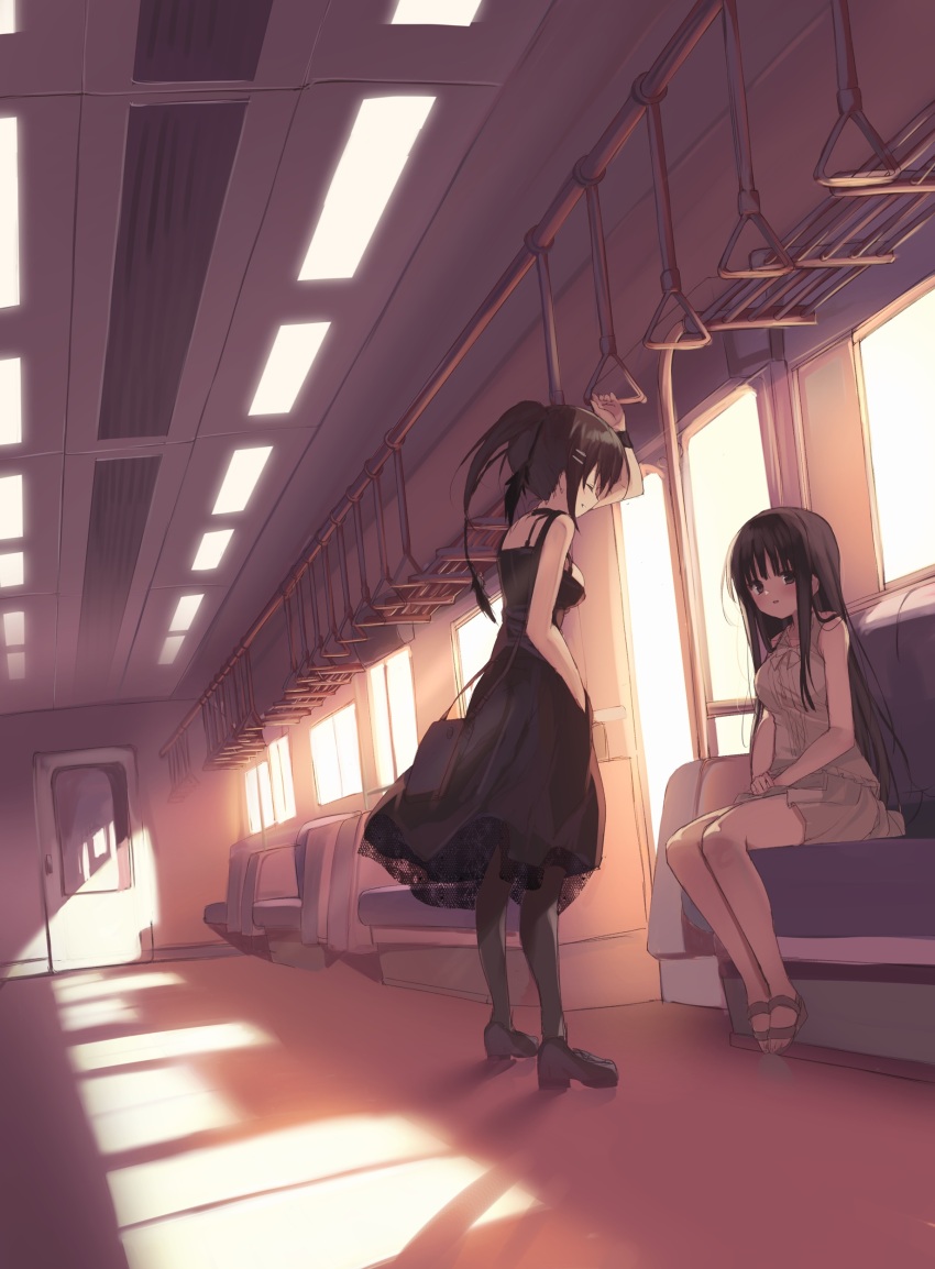 2girls parallel_hairclips absurdres black_dress black_eyes black_hair black_shoes blunt_bangs blunt_ends blush breasts brown_hair closed_eyes commentary dress facing_another from_side full_body hair_ornament hairclip hand_up highres hime_cut indoors legs_together loafers long_dress long_hair looking_at_another medium_breasts minakami_yuki miniskirt multiple_girls open_mouth perspective pleated_skirt ponytail profile sandals shirt shoes sidelocks sitting skirt sleeveless sleeveless_dress sleeveless_shirt standing straight_hair subarashiki_hibi takashima_zakuro takepoison train_interior very_long_hair white_shirt white_skirt