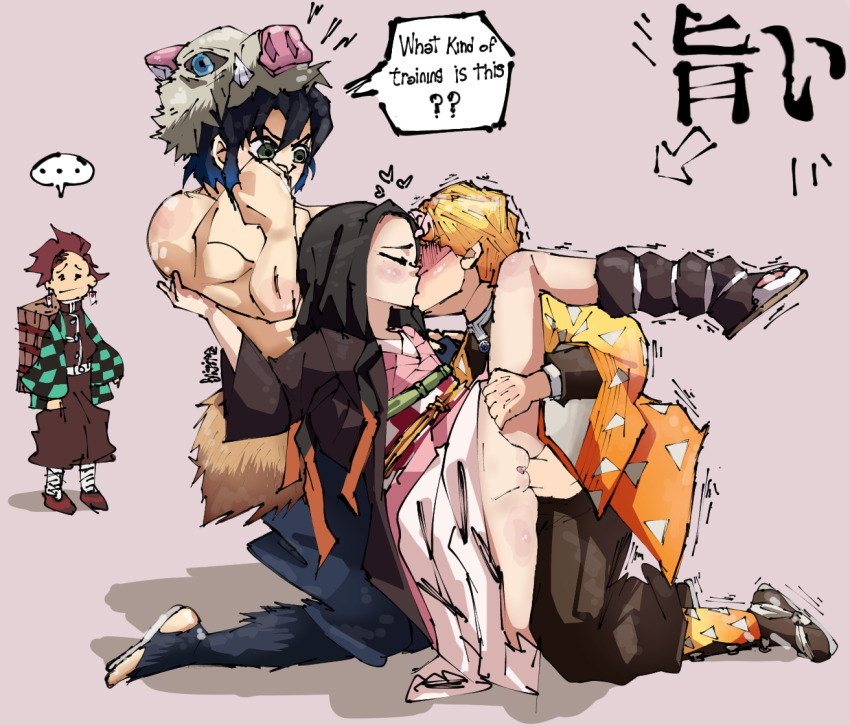 agatsuma_zenitsu bad_tag black_hair black_robe blonde_hair brown_hair checkered_sash demon_girl demon_slayer_uniform dialogue_box full_body green_eyes green_kimono hashibira_inosuke japanese_clothes kamado_nezuko kamado_tanjirou kimetsu_no_yaiba kimono kiss legs loli nude penis pink_kimono pussy robe sex short_hair yellow_kimono