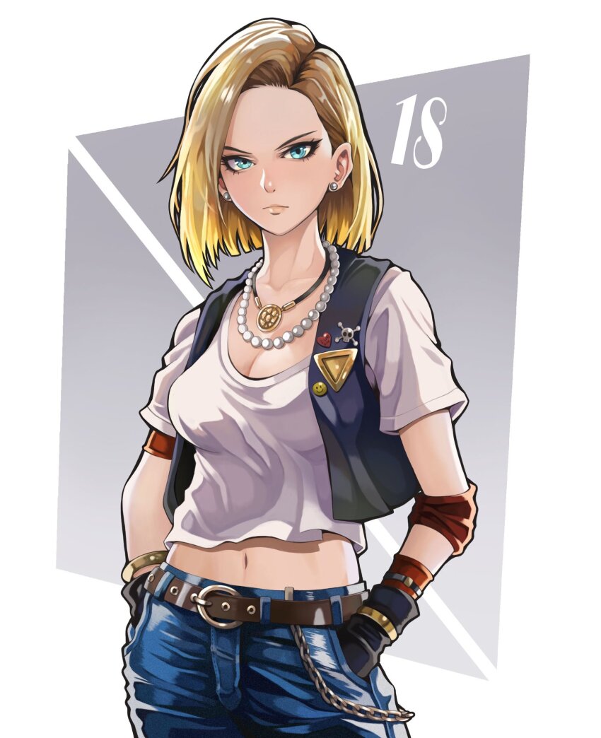 1girl android_18 belt black_vest blonde_hair blue_eyes breasts chain cleavage denim dragon_ball dragonball_z earrings elbow_pads gloves hands_in_pockets highres jeans jewelry looking_at_viewer medium_breasts medium_hair midriff_peek necklace pants pearl_necklace shirt solo to-ru vest white_shirt