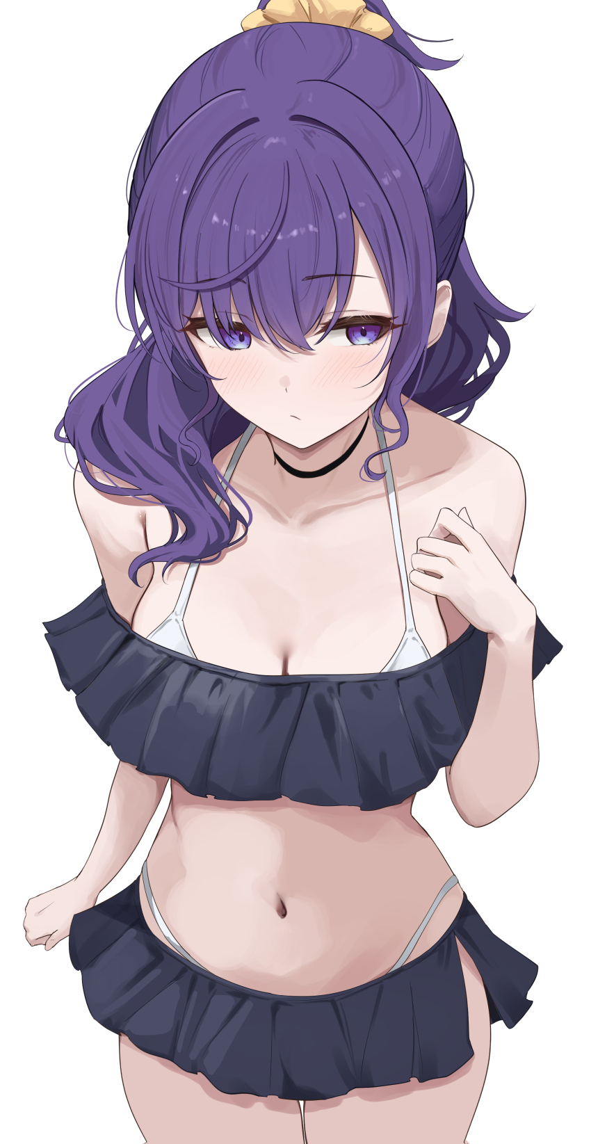 1girl absurdres asahina_mafuyu bikini bikini_skirt black_bikini black_choker blush breasts choker cleavage closed_mouth collarbone commentary_request cowboy_shot frilled_bikini frills hair_ornament hair_over_shoulder hair_scrunchie hand_up high_ponytail highres kunizaki layered_bikini long_hair looking_to_the_side medium_breasts multicolored_bikini navel off-shoulder_bikini off_shoulder ponytail project_sekai purple_eyes purple_hair scrunchie sidelocks simple_background solo standing stomach swimsuit thigh_gap white_background white_bikini yellow_scrunchie