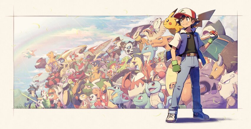 1boy alternate_color ambipom ash_ketchum baseball_cap bayleef black_eyes black_hair black_shirt blue_jacket boldore buizel bulbasaur butterfree charizard closed_mouth commentary corphish donphan dracovish dragonite everyone fingerless_gloves gen_1_pokemon gen_2_pokemon gen_3_pokemon gen_4_pokemon gen_5_pokemon gen_6_pokemon gen_7_pokemon gen_8_pokemon gengar gible glalie gliscor gloves goodra green_gloves greninja hat hawlucha heracross highres holding holding_poke_ball incineroar infernape jacket kingler krookodile kuroi_susumu lapras larvitar latias latios leavanny legendary_pokemon lucario lycanroc lycanroc_(dusk) male_focus melmetal mr._mime muk mythical_pokemon naganadel nintendo noctowl noivern on_shoulder open_mouth oshawott outdoors palpitoad pants pidgeot pignite pikachu poke_ball poke_ball_(basic) pokemon pokemon_(anime) pokemon_(classic_anime) pokemon_(creature) pokemon_on_shoulder primeape quilava rainbow rotom rotom_dex rowlet sceptile scraggy shiny_pokemon shirt shoes sirfetch&#039;d snivy snorlax solgaleo spiked_hair squirtle standing staraptor sunglasses swellow talonflame tauros torkoal torterra totodile ultra_beast unfezant unfezant_(female)