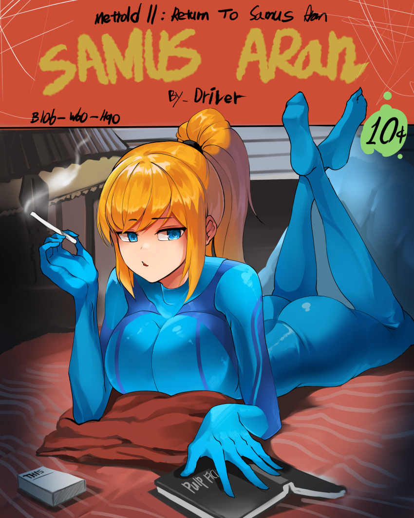 1girl absurdres artist_name ass between_fingers blonde_hair blue_bodysuit blue_eyes bodysuit book breasts character_name cigarette cigarette_pack cleavage copyright_name driver-vibl full_body high_ponytail highres holding holding_cigarette large_breasts long_hair looking_at_viewer lying measurements metroid metroid:_zero_mission on_stomach open_book parody parted_lips ponytail poster_parody pulp_fiction samus_aran skin_tight smoke solo the_pose thighs zero_suit