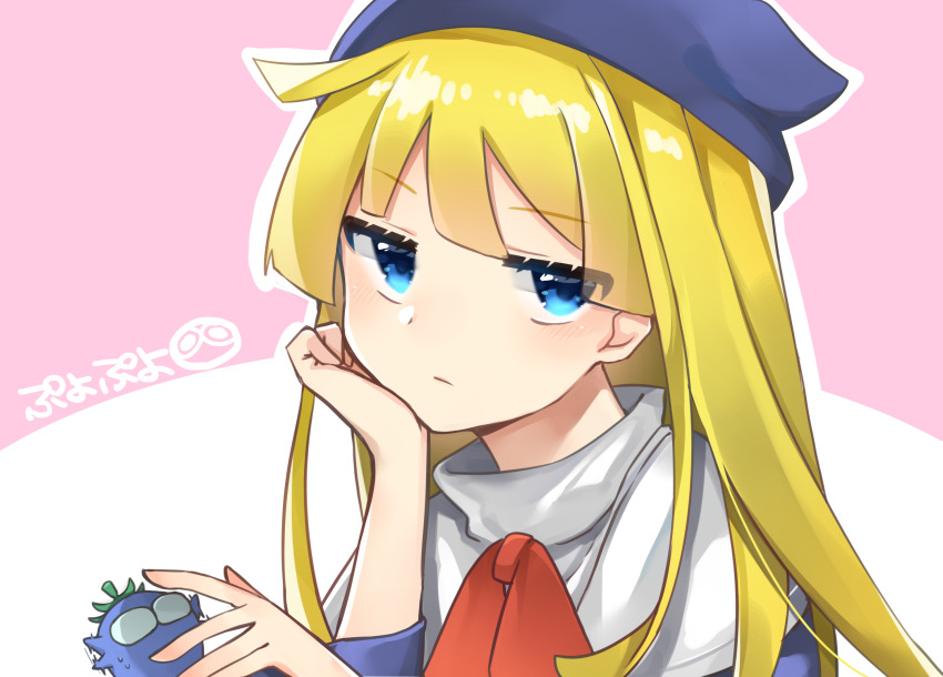 1girl ahoge bad_anatomy bad_hands blonde_hair blue_eyes blue_hat blunt_bangs bow bowtie capelet closed_mouth creature food-themed_creature half-closed_eyes hand_on_own_cheek hand_on_own_face hands_up hat highres jitome light_blush long_hair looking_at_viewer nasu_grave outline pink_background portrait puyopuyo red_bow red_bowtie sideways_glance three-quarter_sleeves solo tsumikitsuki_(katsuobushi) white_background white_capelet white_outline witch_(puyopuyo)
