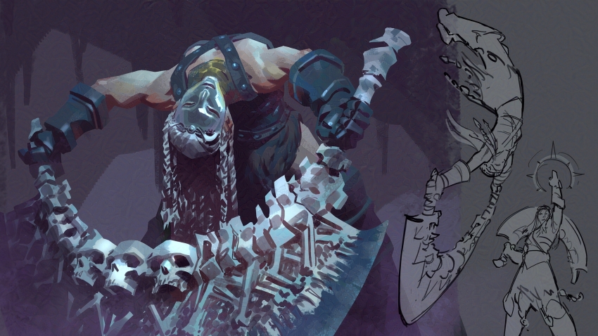 1boy arched_back elden_ring elden_ring:_shadow_of_the_erdtree gloves highres holding holding_weapon jeremy_anninos jumping mask multiple_views sketch skull standing tarnished_(elden_ring) weapon