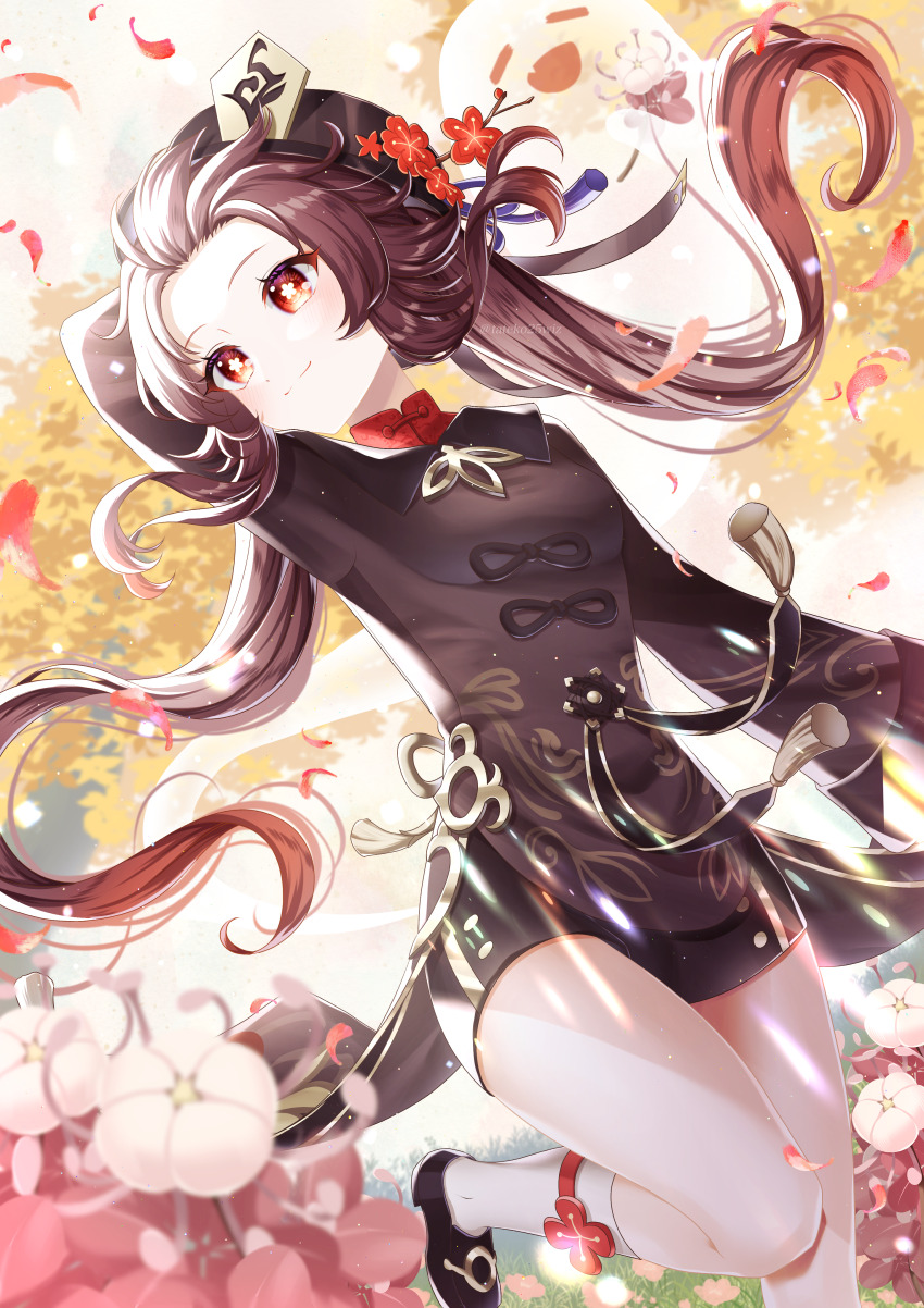 1girl absurdres arm_up autumn_leaves black_footwear black_shorts boo_tao_(genshin_impact) bright_pupils brown_coat brown_hair closed_mouth coat coattails commentary_request falling_petals flower flower-shaped_pupils genshin_impact ghost hat hat_flower hat_tassel highres hu_tao_(genshin_impact) leaf light_blush long_hair long_sleeves looking_afar orange_eyes outdoors petals pink_flower shorts smile socks solo spider_lily symbol-shaped_pupils tateko25wiz twintails twitter_username white_pupils white_socks