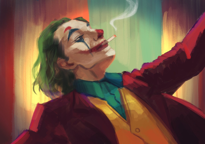1boy batman_(series) cigarette dc_comics facepaint green_hair green_shirt highres hyakki_non jacket joker_(2019) male_focus red_jacket shirt smoking solo the_joker vest yellow_vest