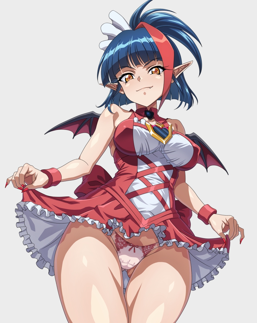 1girl absurdres bare_shoulders blue_hair blush breasts cameltoe closed_mouth clothes_lift dress fang frilled_dress frills gluteal_fold hair_ribbon highres large_breasts lifting_own_clothes millaarc miniskirt multicolored_hair nail_polish orange_eyes panties pink_panties pointy_ears red_hair ribbon senki_zesshou_symphogear simple_background skirt skirt_lift sleeveless smile solo syunzou underwear white_background