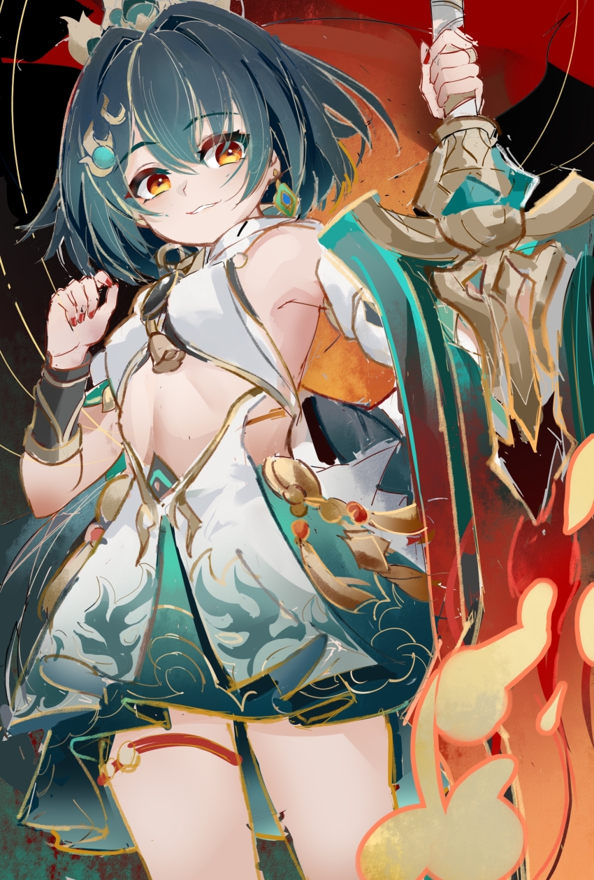 1girl absurdres bare_shoulders black_hair chinese_clothes earrings evzeva hair_between_eyes hair_ornament highres holding holding_sword holding_weapon honkai:_star_rail honkai_(series) jewelry long_hair low_twintails red_nails skirt solo standing sword tiara twintails weapon yellow_eyes yunli_(honkai:_star_rail)