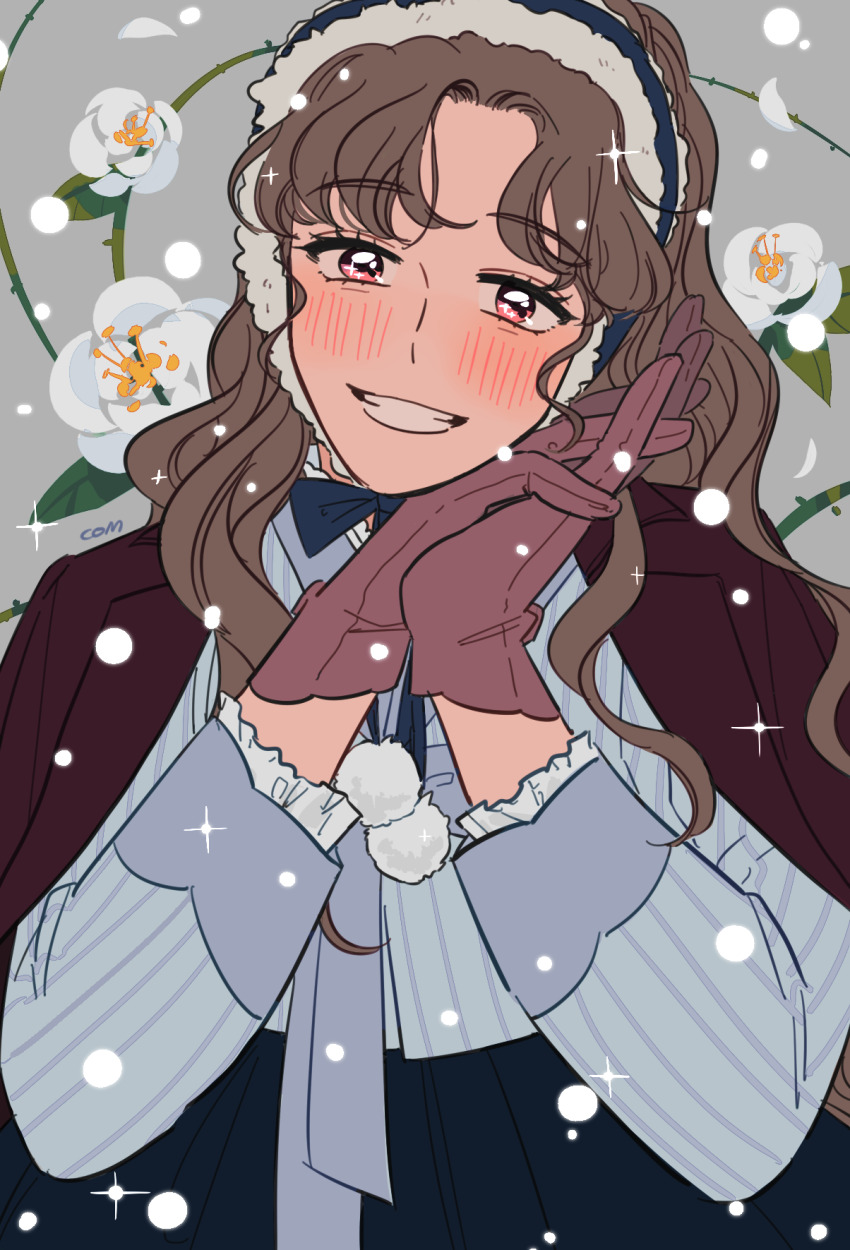 1girl blush brown_hair chin_strap com_(com0107) flower flower_request fur-trimmed_headwear fur_trim gloves grin hanbok head_tilt highres interlocked_fingers jacket jacket_on_shoulders korean_clothes long_hair original own_hands_together parted_bangs petals pink_eyes plant pom_pom_(clothes) smile snowing solo sparkle upper_body vines wavy_hair white_flower