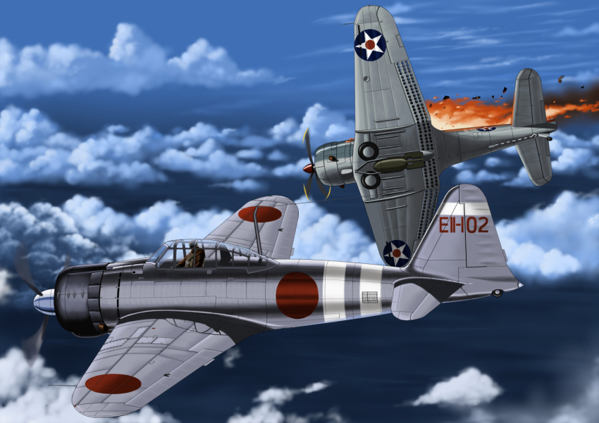 a6m_zero aircraft airplane beroberoman bomb bomber cloud dive_bomber explosive fire historical_event imperial_japanese_navy military military_vehicle original propeller_fighter roundel sbd_dauntless smoke star_(symbol) united_states_navy world_war_ii